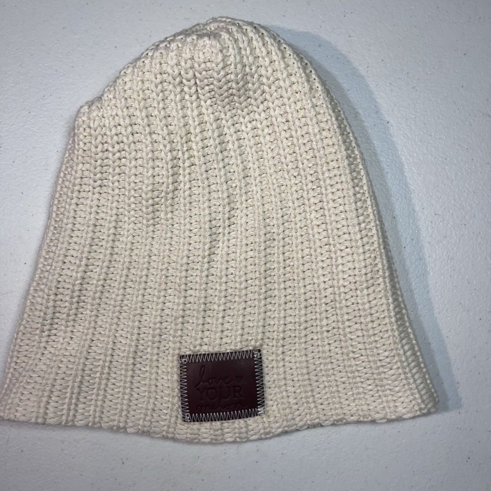 Slouchy Beanie Hat Womens White Logo Chunky‎ Knit Winter LOVE YOUR MELON USA EUC